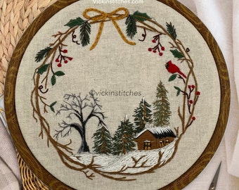 Christmas Cabin in the Woods beginner Embroidery kit best seller. Christmas wall art decor . Christmas woodland snow. Learn embroidery .easy