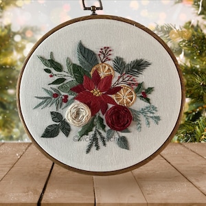 Christmas floral bouquet poinsettia hand Embroidery kit . Christmas decor DIY . Craft kit . Holiday Christmas decorations