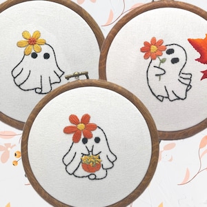 Retro ghost with flowers Easy Halloween Embroidery pattern pdf download | Autumn wall art Decor | Halloween embroidery design|ghost wall art