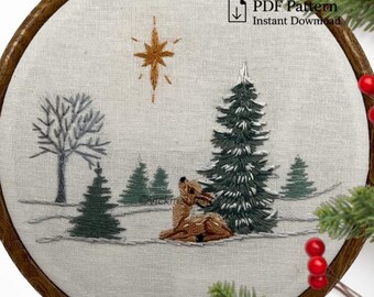 クリスマス鹿の刺繍パターン：雪の森の風景（PDFダウンロード）