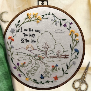 「私は道である」刺繍キット – 美しい聖書の庭の小道デザイン – 花のボーダーと聖書の言葉を使った手刺繍パターン DIY ウォールアート