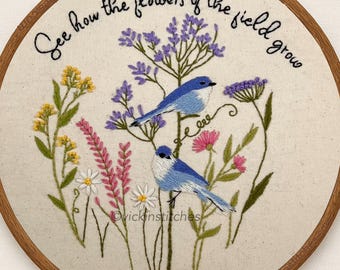 Bluebirds and Wildflowers Embroidery Kit | Matthew 6:28 Beginner Pattern