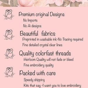 May include: A pink background with floral accents and text that reads "Why shop here?" and "Vickinstitches.com". The text highlights premium designs, beautiful fabrics, quality threads, and care in packaging.