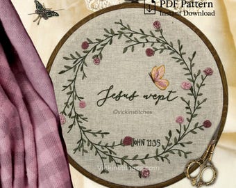 Flower Wreath Embroidery Pattern: Butterfly Christian Kit (PDF Download)