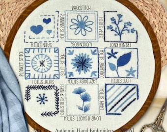 Kit de muestrario de bordado / Diseño floral azul / Arte de bastidor fácil de hacer