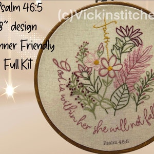 Beginner's Christian Embroidery Kit | Floral Design | DIY Gift of Faith | Psalm  Uplifting Christian diy Kit  Psalm 46 Christian DIY Gift