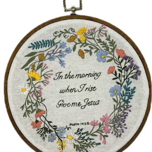 Flower Christian Embroidery Kit for beginners features Psalm 143 within a floral wreath