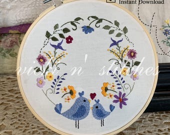 Love Birds Embroidery Pattern: Floral Wreath, Beginner DIY (PDF)