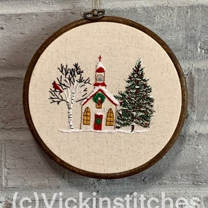 Beautiful 6” Christmas Church embroidery kit  holiday decor for beginners. Christian hand embroidery design for holiday decor.