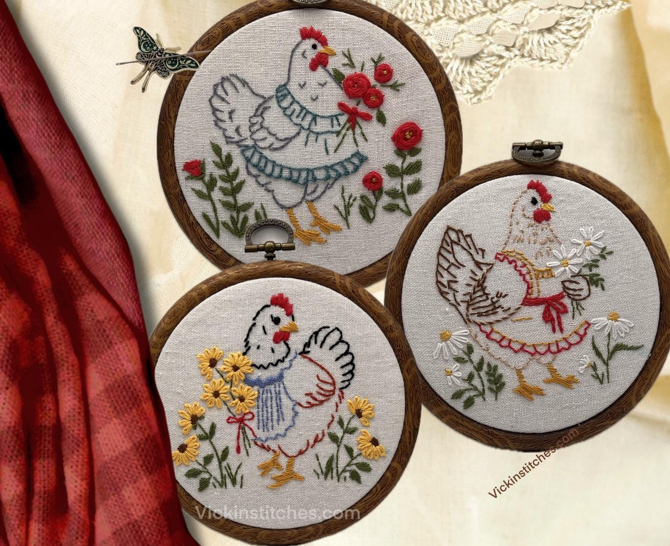農家風鶏の刺繍枠アート：ヴィンテージの鶏（デジタルパターン