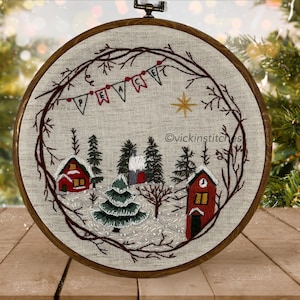 Christmas Village in the grapevine  wreath 8”  Embroidery kit for beginners. Home wall decor DIY . Craft kit . Learn embroidery .