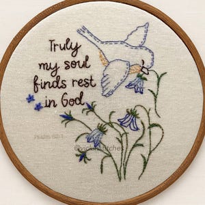 Christian blueBird floral Embroidery Kit | Truly My Soul Finds Rest in God Hoop | Bible Verse Hand Embroidery Pattern Bluebells