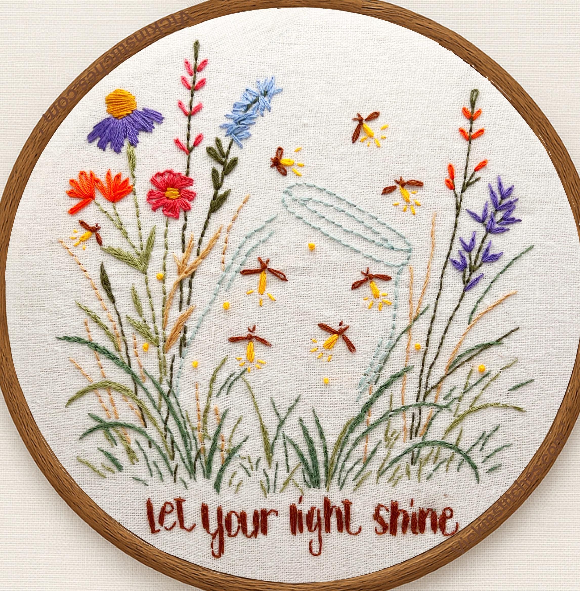Let your light shine, hand Embroidery Sunner Firefly Camping Decor – Hand Embroidery Pattern with Floral Border & Bible Quote DIY Wall Art