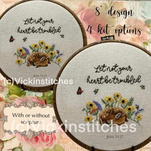 Beautiful wildlife deer wall decor embroidery kit for beginners. Christian inspired embroidery with scripture John 14. Let not your heart be