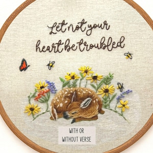 Let Not Your Heart Be Troubled Embroidery Kit Christian Fawn & Wildflower DIY Hoop Comforting Bible Verse Stitch Art wildlife woodland deer