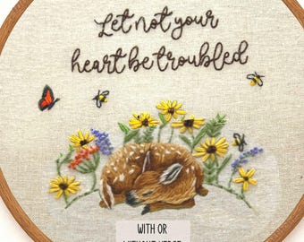 Let Not Your Heart Be Troubled Embroidery Kit Christian Fawn & Wildflower DIY Hoop Comforting Bible Verse Stitch Art wildlife woodland deer