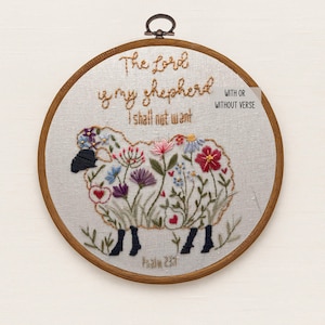 Lord is my Shepherd Floral Sheep Embroidery Kit: Psalm 23 Christian DIY Project