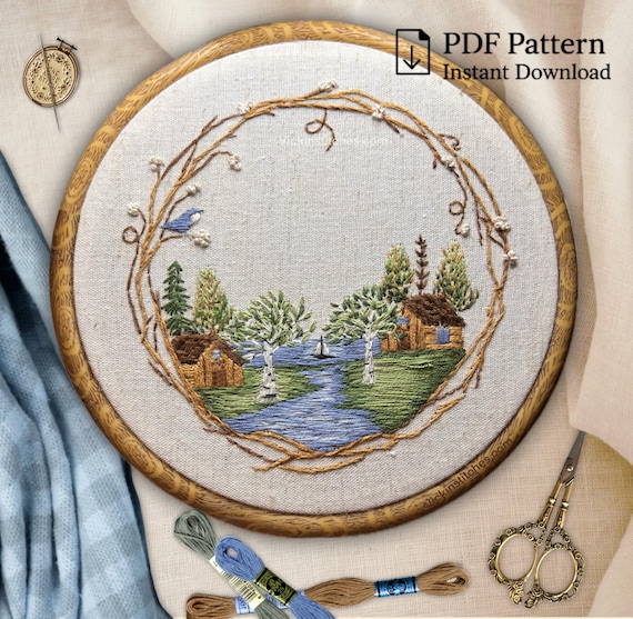 刺繍パターン：素朴な村の小屋と湖の風景（PDFダウンロード） - Etsy 日本