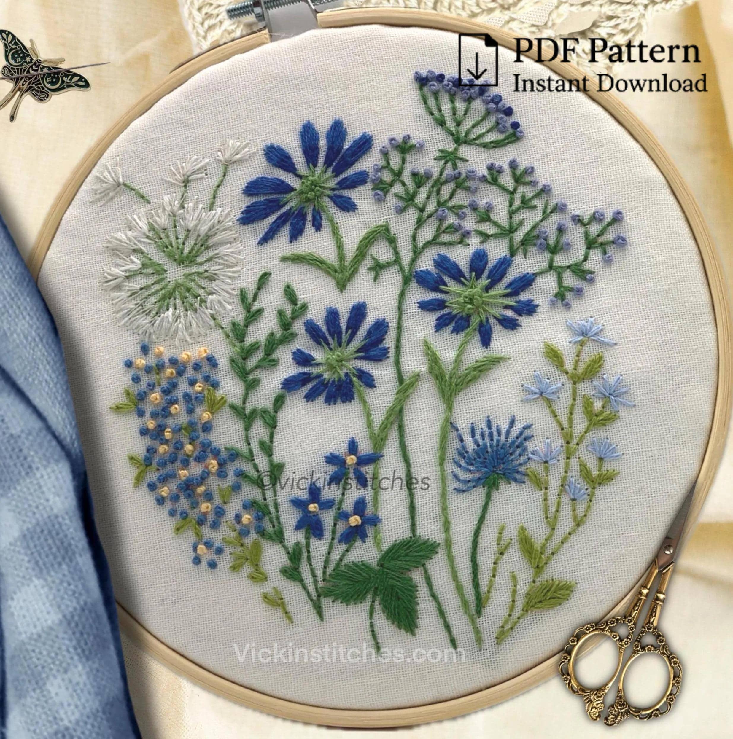 Blue Flowers Hand Embroidery Pattern: Beginner Floral Design (PDF ...