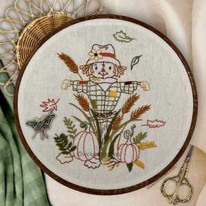 8” Scarecrow & Pumpkins Autumn Embroidery kit for fall home wall decor. Easy fun stitchable fall craft kit. Scarecrow and wheat embroidery