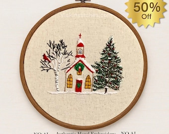 Christmas Church Embroidery Kit: Holiday Chapel with Cardinal