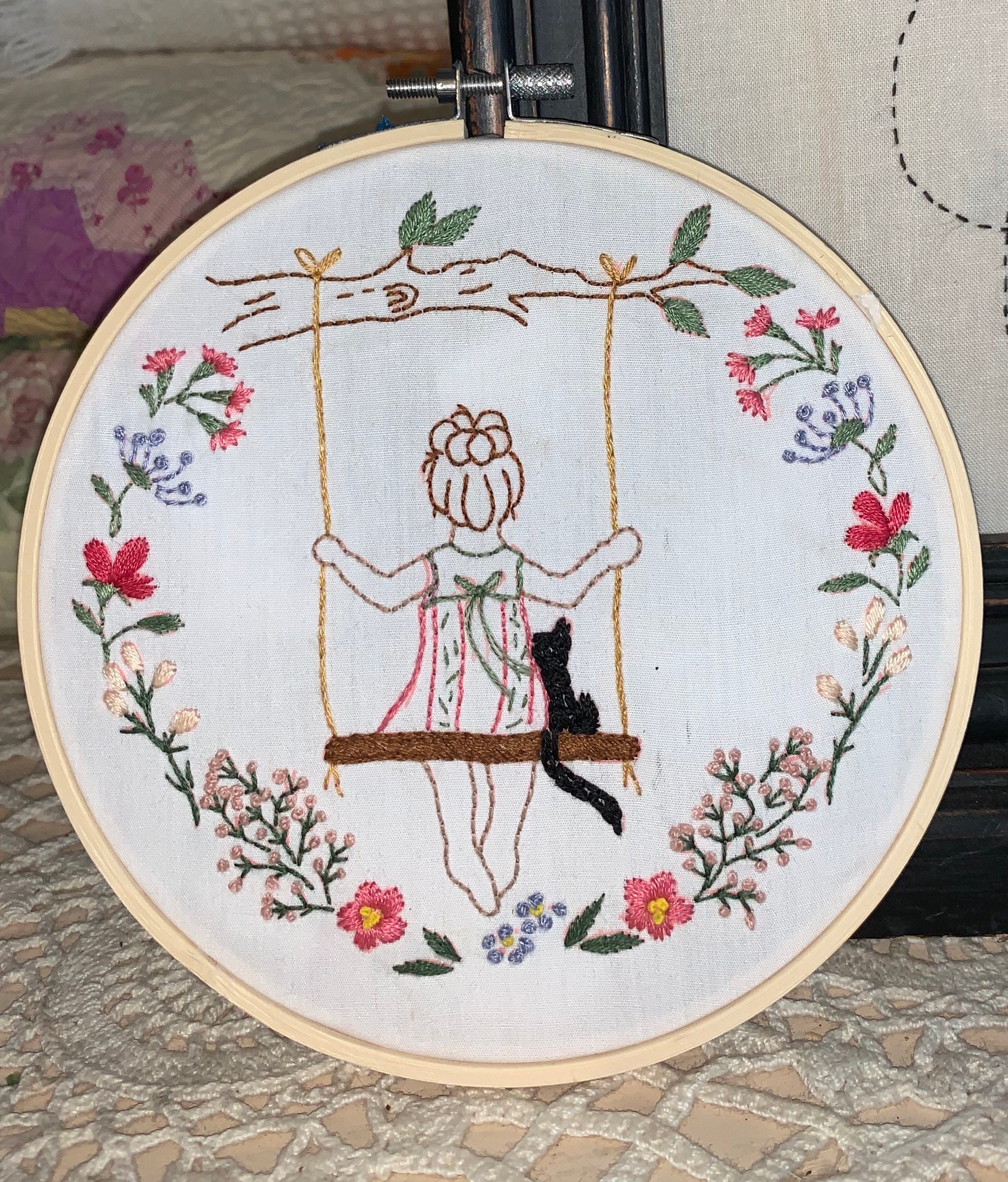 Girl on a Tree Swing Embroidery Designs Hand Embroidery Etsy