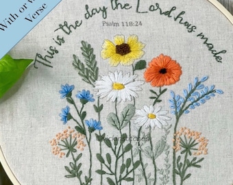 Beginner embroidery kit| Bouquet of flowers  wall hanging| Christian home decor DIY craft kit featuring scripture from Psalms.Gift of faith