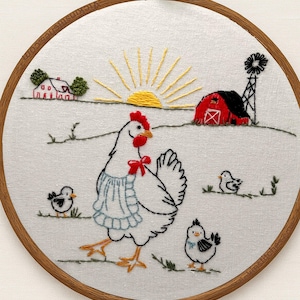 Farmyard chicken Sunrise Embroidery Kit – Hen & Chickens with Barn, Windmill, and Countryside Scene for beginners