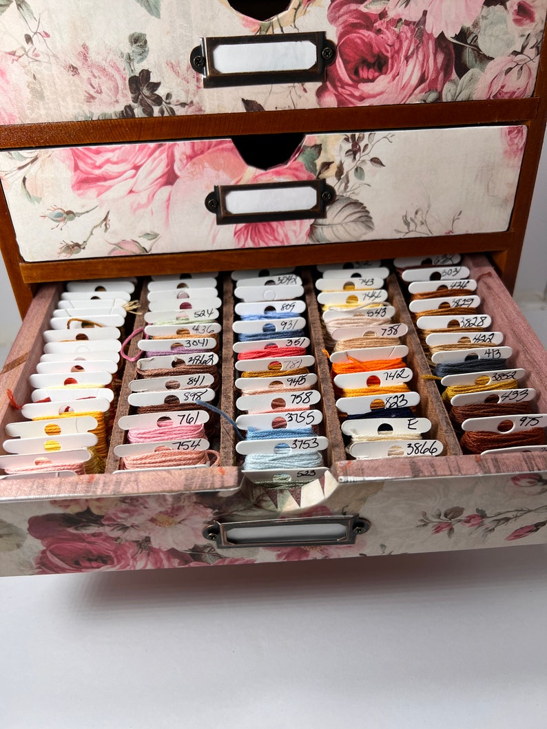 Beautiful wood embroidery floss organizer cabinet holds up to 300 bobbins full of floss
