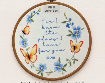 For I Know the Plans I have for you beginner Embroidery Kit | Jeremiah 29:11 Bible Verse Hoop | Butterfly & Blue Floral DIY Stitch Kit