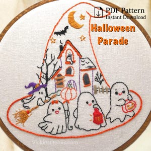 Halloween Ghost Parade Embroidery Pattern: Witch Hat Haunted House (PDF Download)