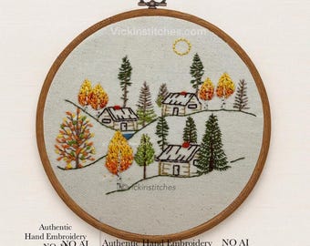Autumn Village Embroidery Kit: Cozy Cabin Scene - Beginner Friendly