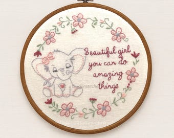 Elephant Embroidery Kit: Floral Girl Quote, Beginner DIY (8" Hoop)