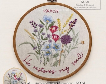 Floral Bible Verse Embroidery Kit, Psalm 23:3, Christian DIY Craft