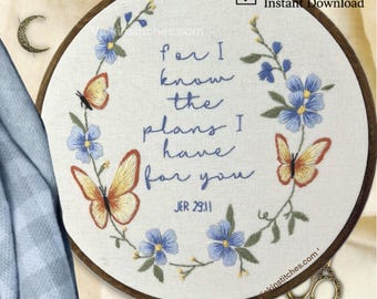 Butterfly Flower Embroidery Pattern: Christian Scripture DIY (PDF Pattern)