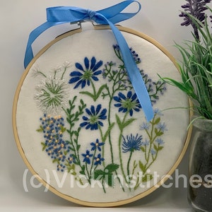 Beautiful Blue floral  Hand Embroidery Kit for Beginner Blue Flowers wall hanging craft kit DIY Embroidery Hoop , decor, Floral wildflower,