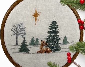 Easy Christmas Deer Embroidery Kit for beginners w/ beautif'ul snowy woods scene & baby fawn. Holiday wall hanging with Peace. Complete kit.