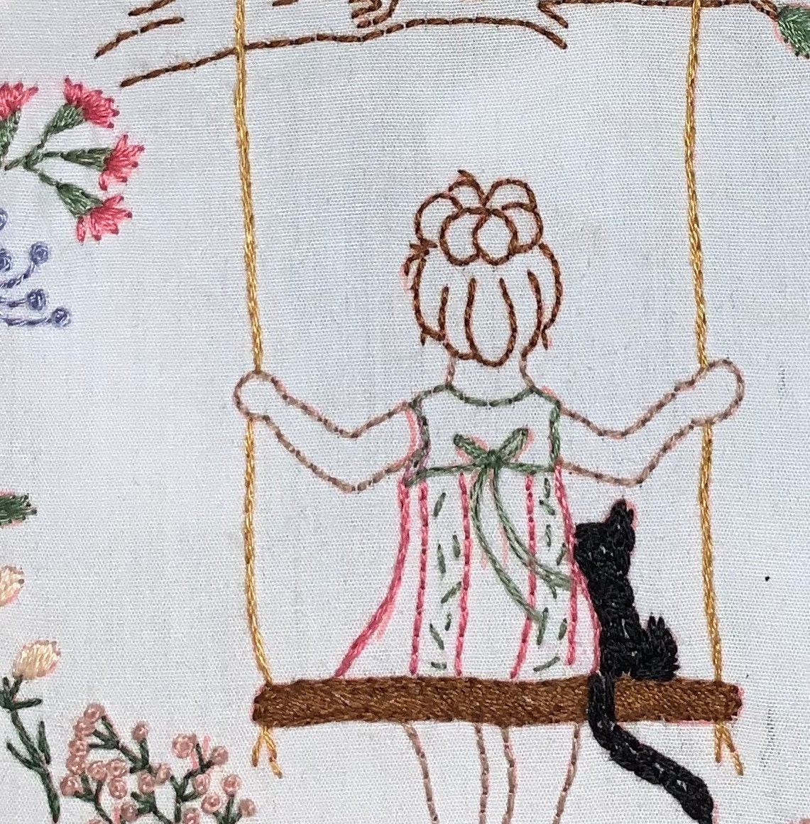 6 Girl on a Tree Swing with Cat Embroidery Kit –