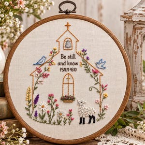 May include: A circular wooden embroidery hoop containing a fabric panel with a stitched outline of a church. The design features colorful floral embroidery, a small lamb, two birds, and the text "Be still and know PSALM 46:10" in black thread.
