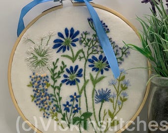 Blue Floral Hand Embroidery Kit: Beginner DIY Craft, Wall Decor