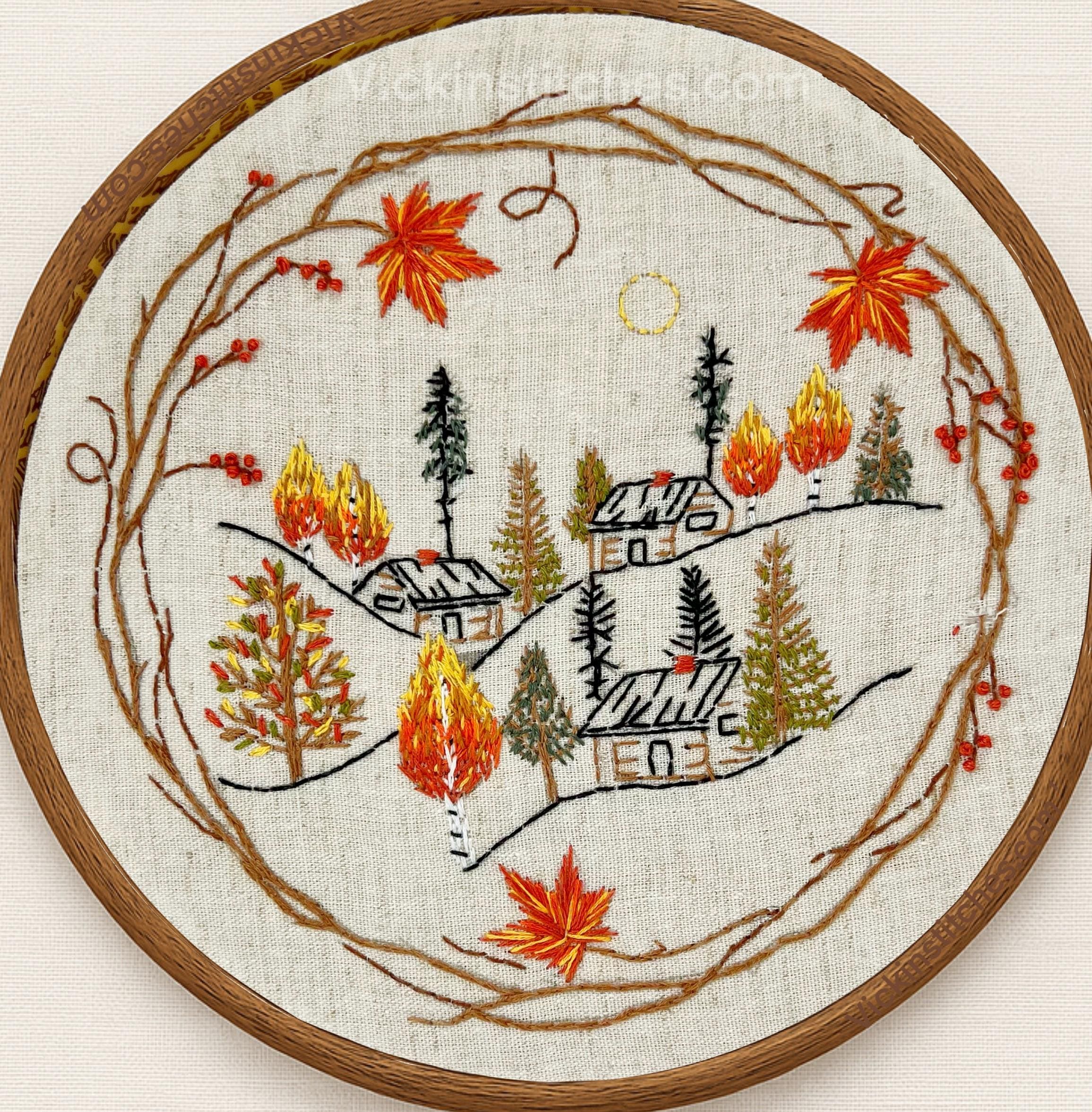Autumn Cabin Embroidery Kit: Cozy Fall Village DIY Stitch Pattern