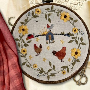 Embroidered scene of chicken coop at Sunset with barn in the distance inside a wreath of yellow wildflowers Chicken Coop Farm beginner Embroidery Kit - Easy Rooster DIY Gift for Home Decor- Hand Embroidery farmhouse  embroidery.