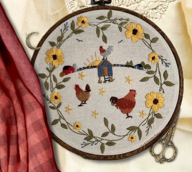 Embroidered scene of chicken coop at Sunset with barn in the distance inside a wreath of yellow wildflowers Chicken Coop Farm beginner Embroidery Kit - Easy Rooster DIY Gift for Home Decor- Hand Embroidery farmhouse  embroidery.