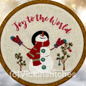 Easy Snowman beginner Embroidery Kit, Joy to the World Christmas Embroidery Design, DIY Embroidery Winter Scene Embroidery, learn embroidery