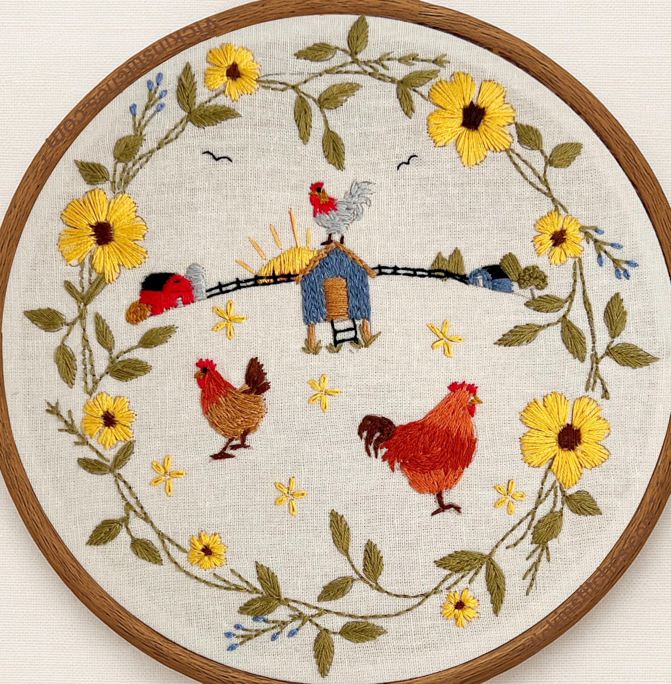 Chicken Coop Embroidery Kit: Farm Sunrise With Sunflowers (8