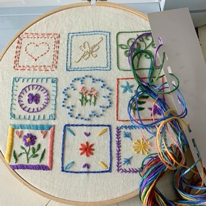 Hand embroidery stitch sampler kit- Embroidery Beginner Kit for all ages. Learn how to embroider kit. Starter kit. Handmade gift.