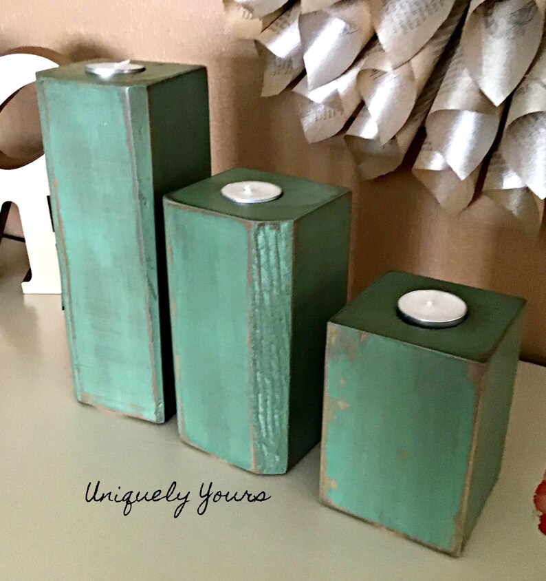 Rustic Wood Block Tealight Candle Holder Handmade Green Etsy