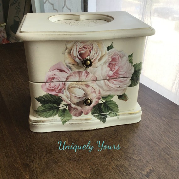 Cream with roses flower vintage music jewelry box… - image 1