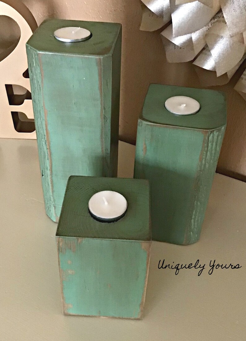 Rustic Wood Block Tealight Candle Holder Handmade Green Etsy