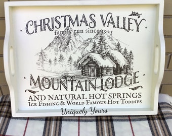 Decorated Christmas Cabin Mountain Lodge Wood Tray With Handles